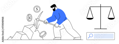 Man breaking rocks to mine coins representing currency, with a justice scale and search bar. Ideal for finance, ethics, mining, cryptocurrency, justice, decision-making, simple landing page