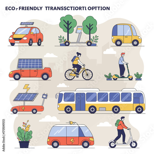 Conceptual illustration set of eco-friendly urban transportation showcasing electric vehicles, scooters, and sustainable mobility options
