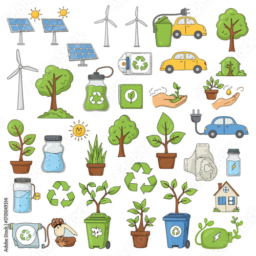 Green energy and sustainability concept with eco-friendly technology, renewable resources and nature illustration