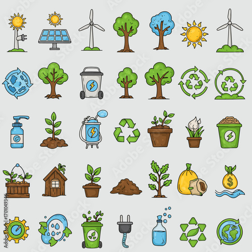 A comprehensive set of hand-drawn doodle icons representing themes of ecology, green energy, and environmental conservation