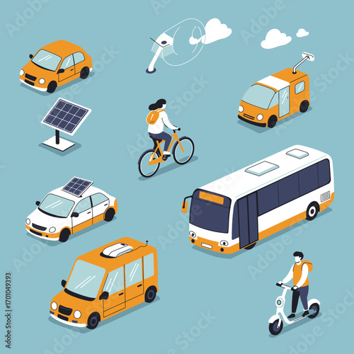 Eco-friendly transportation options, including solar cars, bicycles, scooters, and buses, highlighting sustainable mobility for a greener future