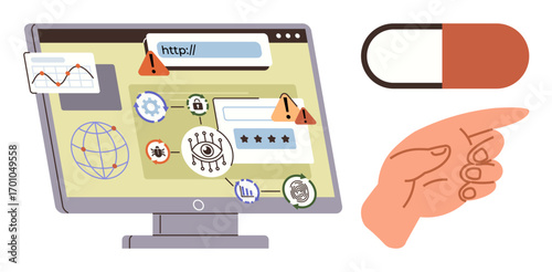 Computer screen filled with warning icons, graphs, and login boxes. Hand pointing towards pill shape. Ideal for cybersecurity, online threats, digital fraud, data privacy, healthcare tech web