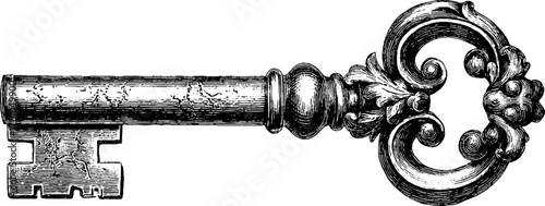 Vintage engraving of ornate skeleton key for antique design and decor