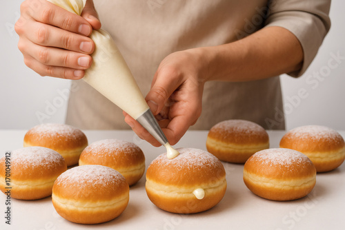 Homemade doughnuts being filled with cream using a piping bag a sweet baking process