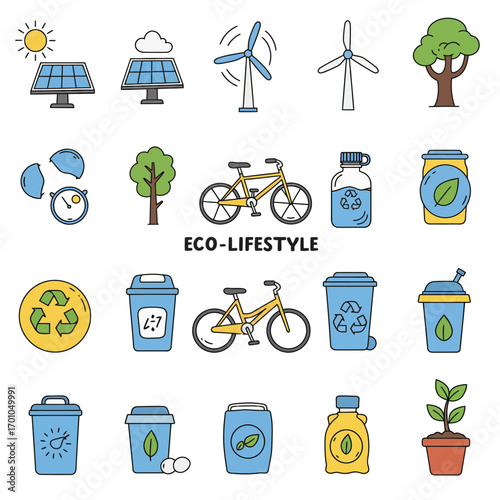 A comprehensive collection of colorful outline icons representing a sustainable and eco-friendly lifestyle, including renewable energy and recycling symbols