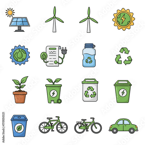 A collection of colorful flat icons representing environmental conservation, green energy, and sustainable living concepts