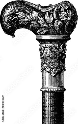 Vintage engraving of ornate walking cane handle design