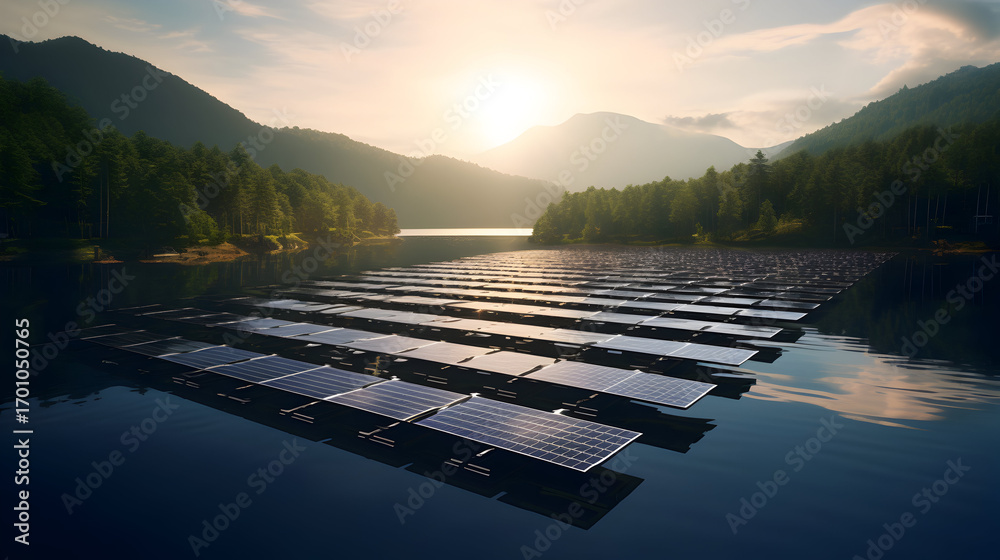Fototapeta premium Floating solar panels on a tranquil lake at sunrise: Sustainable energy