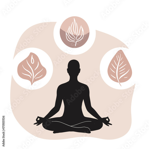 Wellness Meditation Silhouette with Botanical Leaves for Holistic Healing and Mindfulness
