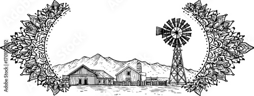 Vintage engraving style windmill scene with rural farm and mountain landscape