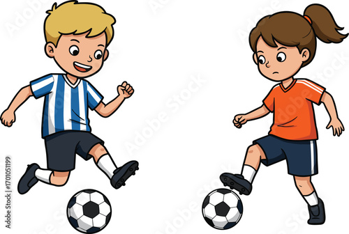 Boy and girl playing soccer, kids kicking soccer ball, children practicing football, active kids enjoying outdoor sports and exercise