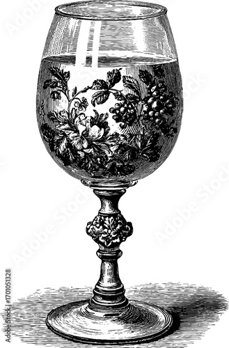 Elegant vintage engraving of decorative wine glass with floral design