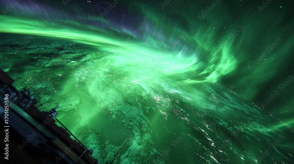 custom made wallpaper toronto digitalA satellite flying through the Northern Lights with aurora swirls glowing beneath in green and purple light. stock image, hd quality,