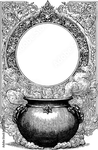 Vintage witch cauldron with ornate frame in engraving style for halloween design