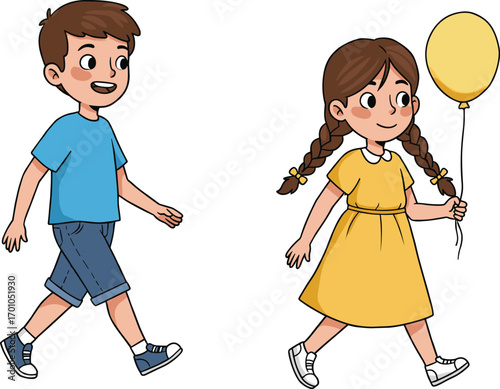 Happy boy and girl walking together, smiling children outdoors, girl holding yellow balloon, playful kids enjoying a sunny day