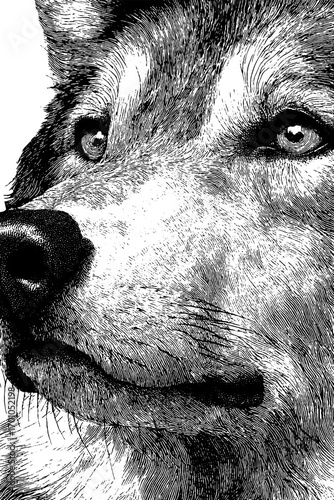 Intricate hand drawn vintage wolf muzzle engraving design for posters or labels