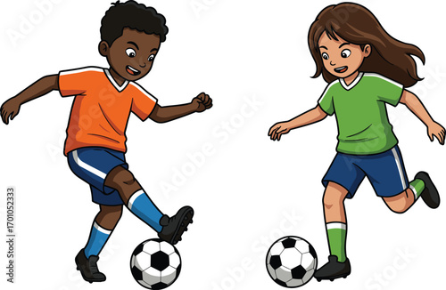 Two children playing soccer outdoors, boy and girl kicking soccer ball, active kids enjoying sports, teamwork and fun exercise
