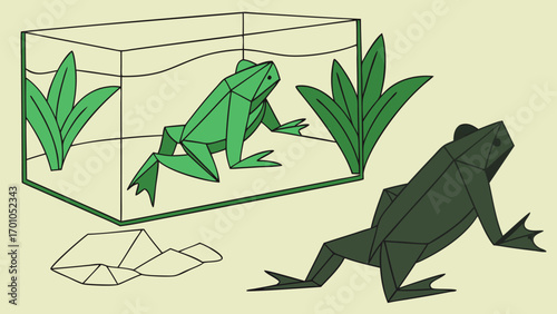 Origami Frogs in Minimalist Terrarium Scene with Geometric Plants