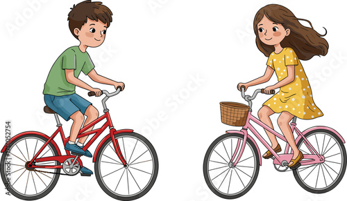 Young boy and girl riding bicycles together outdoors, enjoying active lifestyle, kids cycling, summer fun, healthy exercise, children having fun