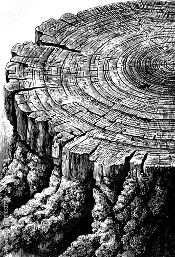Vintage engraving style illustration of detailed wood slice etching