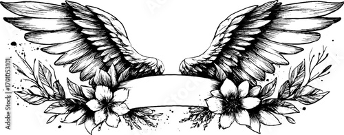 Vintage engraving style floral wreaths with wings for retro design
