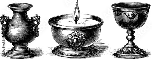 Vintage engraving style collection of decorative amphora and goblets for retro design and decors