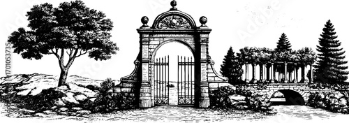 Vintage engraving style illustration of architectural archway and natural landscape