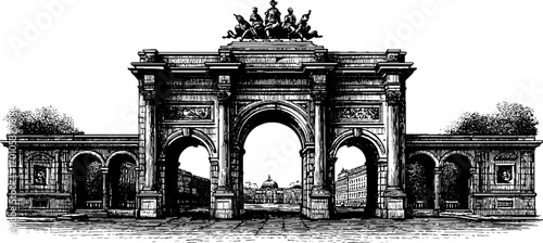 Vintage architectural archway hand drawn engraving for historical design projects