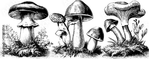 Vintage engraving style illustration of autumn forest mushrooms