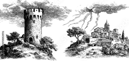 Vintage engraving style illustration of autumn countryside scenery with castle and village