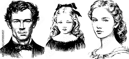 Vintage engraving style portraits of victorian figures