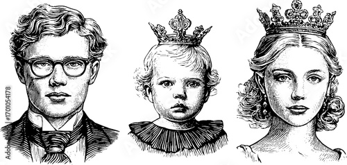Vintage engraving style portraits of baron family with royal crowns for retro design