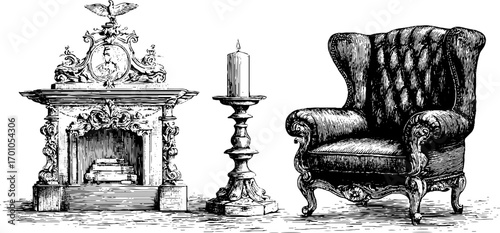 Elegant baroque interiors: armchair, fireplace, and candleholder engraving for decor and design