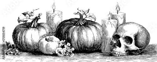 Vintage halloween autumn harvest with pumpkins and skull in engraving style