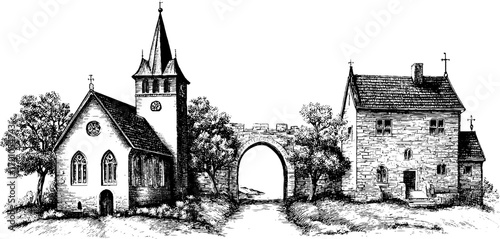 Vintage engraving style illustration of european castles and structures for historical design