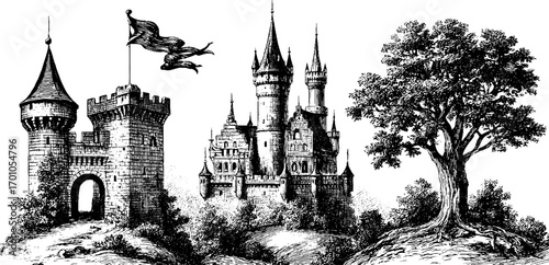 Vintage castle illustration with engraving style for historical design