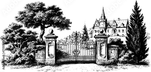 Vintage engraving of a castle with ornate gate and lush trees