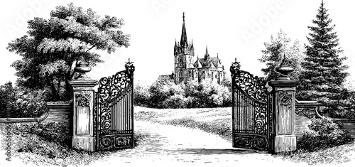 Fairy tale castle entrance in vintage engraving style for art and design