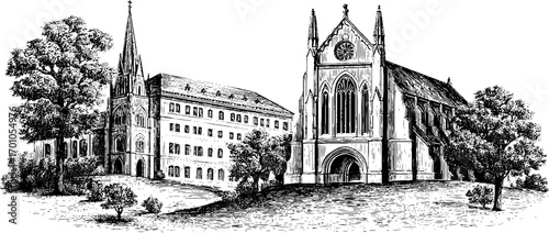 Vintage engraving illustration of a gothic castle and cathedral set amidst trees