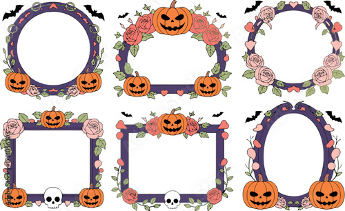 This set features six decorative Halloween frames in various shapes (round, oval, rectangular), adorned with spooky jack-o'-lanterns, elegant roses, and small bats, blending festive fright with floral