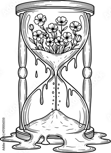 A melting hourglass with flowers growing inside instead of sand, symbolic black line art, white background, vector.