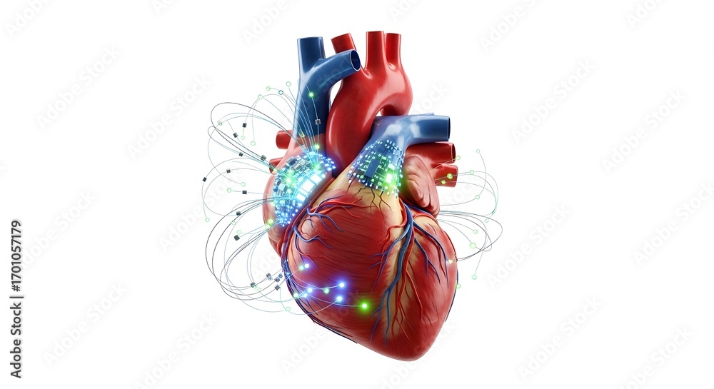 Naklejka premium A detailed medical illustration of a human heart with glowing accents, showcasing the intricacies of cardiovascular health. 