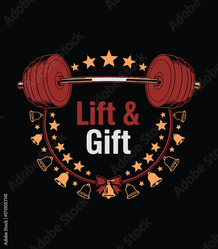 Lift & Gift – Christmas Gym T‑Shirt with Barbell, Stars and Jingle Bells