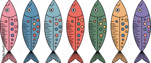 This vibrant image displays a repeating pattern of six stylized fish, each in a different bright color with unique dot and line patterns, creating a lively and decorative design.