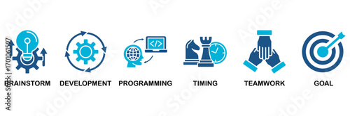 Hackathon icon set In Blue Monochrome Flat Design, Vector Illustration concept relate to icon of design sprint-like social coding event with icon of brainstorm, development, programming, timing, speed