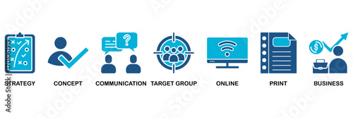 Marketing icon set In Blue Monochrome Flat Design, Vector Illustration concept relate to icon of strategy, concept, communication, target group, online, print and business