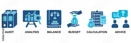 Accounting icon set In Blue Monochrome Flat Design, Vector Illustration concept relate to icon of business and finance with an icon of the audit, analysis, balance, budget, calculation, and advice