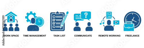Work from home icon set In Blue Monochrome Flat Design, Vector Illustration concept relate to icon of wfh with icon of workspace, time management, task list, communicate, remote working and freelance