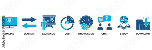 E-learning icon set In Blue Monochrome Flat Design, Vector Illustration concept relate to icon of online, seminar, exchange, voip, knowledge, chat, study and download