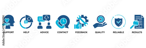 Customer service icon set In Blue Monochrome Flat Design, Vector Illustration concept relate to icon of support, help, advice, contact, feedback, quality, reliable, results